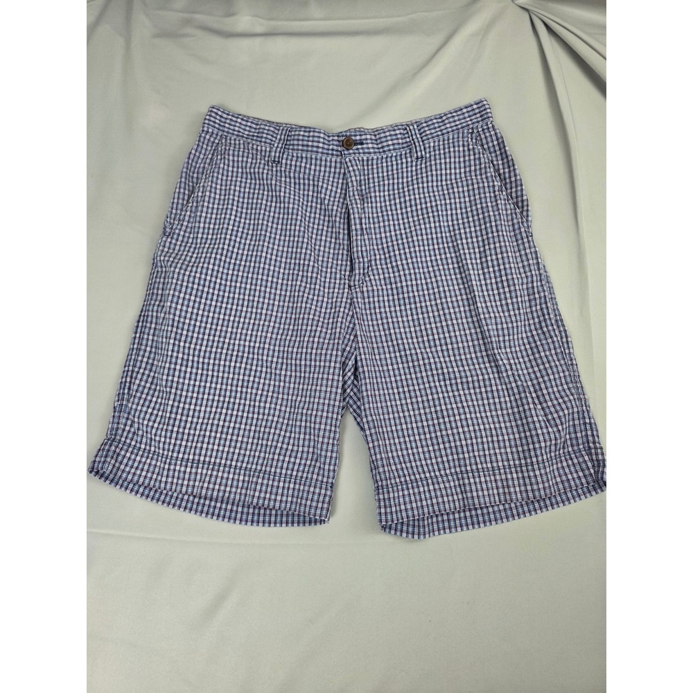 GH Bass & Co Mens Plaid Cotton Shorts Blue Red White Size 34 Flat Front Casual